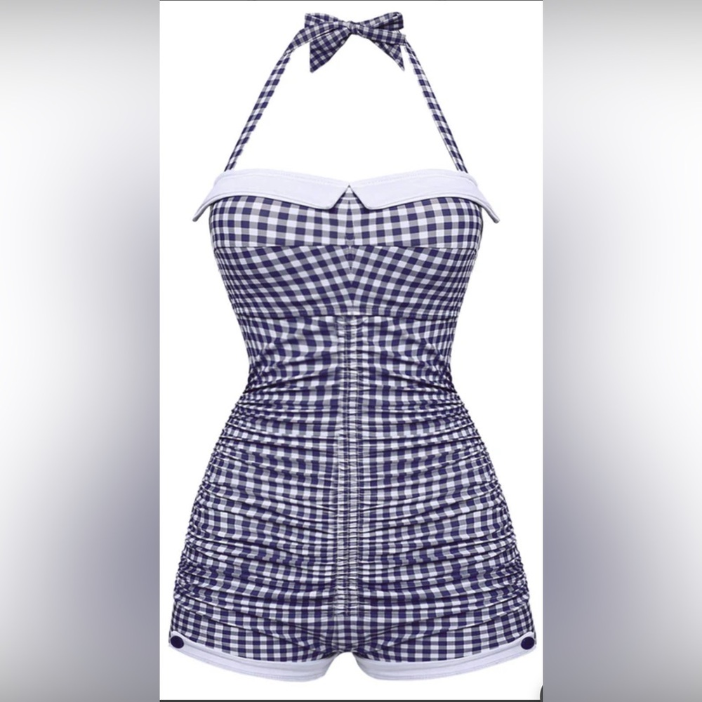 NWT Retro Stage Large Blue Gingham Swimsuit